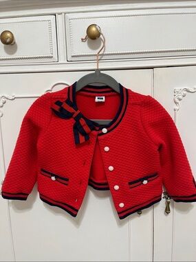 Janie and Jack Red Quilted Bow-Accent Cardigan with Navy Trim